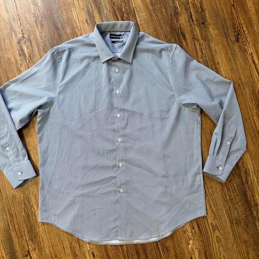 Report‎ Collection Button Down Mens XL Blue Micro Check Hyper Stretch Shirt